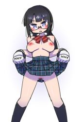 Rule 34 | 1girl, black hair, black socks, blue eyes, bow, bowtie, breasts, cannsk, clothes lift, commentary request, diagonal-striped bow, diagonal-striped bowtie, diagonal-striped clothes, fingerless gloves, glasses, gloves, high-waist skirt, inverted nipples, kneehighs, large breasts, lifted by self, miniskirt, mma gloves, mole, mole on breast, mole on leg, no panties, original, plaid, plaid skirt, pussy, semi-rimless eyewear, skirt, skirt lift, socks, solo, striped clothes, topless, under-rim eyewear, unmoving pattern