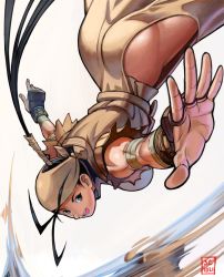 Rule 34 | 1girl, antenna hair, armor, ass, bandaged arm, bandages, bandana, black hair, breasts, brown eyes, falling, hair through headwear, highres, hip vent, ibuki (street fighter), japanese armor, kote, large breasts, long hair, motion blur, ninja, open mouth, outstretched arms, overlord jc, ponytail, sleeveless, solo, street fighter, street fighter iii (series), thighs, upside-down