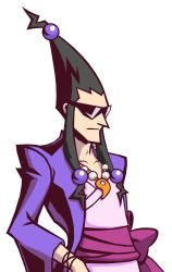 Rule 34 | 1boy, ace attorney, black hair, capcom, company connection, creator connection, ghost trick, highres, japanese clothes, jewelry, long hair, magatama, male focus, maya fey, parody, pointy hair, sissel (ghost trick), solo, style parody, sunglasses, transparent background
