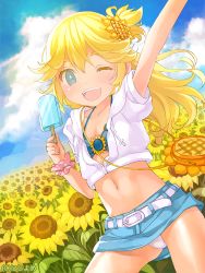 Rule 34 | 1girl, ;d, arm up, bag, belt, bikini, bikini top only, blonde hair, blue bikini, blue eyes, blue skirt, blush, cloud, collarbone, crop top, day, dutch angle, ebisque, flower, food, hair between eyes, hair flower, hair ornament, handbag, holding, holding food, hood, hooded jacket, jacket, long hair, midriff, navel, official art, one eye closed, one side up, open mouth, outdoors, popsicle, short sleeves, skirt, sky, smile, solo, sunflower, sunflower hair ornament, swimsuit, underwear, valhalla valkyries, watermark, white background, wrist cuffs