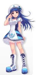 Rule 34 | 1girl, adjusting hair, arin, beret, blue hair, boots, dress, full body, hat, long hair, lowres, official art, pangya, seedark, simple background, solo, white background