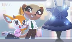 Rule 34 | 1boy, 1girl, absurdres, aggressive retsuko, animal ears, animal nose, arm hug, arms up, back bow, bag, belt, black eyes, black skirt, blue dress, blurry, blurry background, blush, blush stickers, bow, brown eyes, brown pants, buttons, clothes, collared shirt, commission, couple, day, deer ears, deer girl, dress, english text, flat chest, frilled shirt, frilled sleeves, frills, furry, furry female, furry male, furry with furry, green neckwear, grin, hand on own hip, handbag, happy, highres, horns, jessica mcginnis, komiya (aggretsuko), looking at another, meerkat boy, meerkat ears, miniskirt, necktie, open mouth, outdoors, outstretched arms, pants, pink shirt, puffy short sleeves, puffy sleeves, shirt, shirt tucked in, shopping bag, short sleeves, shoulder bag, skirt, smile, sparkle, standing, teeth, tsunoda (aggretsuko), white shirt, window