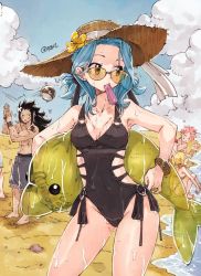 Rule 34 | 2boys, 2girls, ball, barefoot, beach, beachball, black hair, black one-piece swimsuit, blonde hair, blue hair, blue sky, bracelet, breasts, brown hat, casual, cleavage, closed eyes, cloud, collarbone, day, fairy tail, flower, food, gajeel redfox, grey ribbon, grey shorts, grin, groin, hair ornament, hair scrunchie, hat, hat flower, hat ribbon, highleg, highleg swimsuit, holding, holding food, ice cream, jewelry, levy mcgarden, long hair, looking away, lucy heartfilia, medium breasts, mouth hold, multiple boys, multiple girls, natsu dragneel, o-ring, o-ring swimsuit, one-piece swimsuit, outdoors, pantherlily, pink hair, red scrunchie, ribbon, rimless eyewear, rusky, scrunchie, shorts, sideboob, signature, sitting, sky, smile, solo focus, standing, straw hat, sun hat, sunglasses, swimsuit, tattoo, twintails, wet, wristband, yellow flower