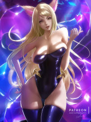 Rule 34 | 1girl, ahri (league of legends), alternate costume, animal ears, bare arms, bare shoulders, black leotard, black thighhighs, blonde hair, breasts, breasts apart, cleavage, contrapposto, covered navel, curvy, female focus, floating hair, fox ears, fox tail, hand on own hip, hand up, head tilt, heart, k/da (league of legends), k/da ahri, large breasts, league of legends, legs, leotard, lips, lolliedrop, long hair, looking at viewer, nail polish, naughty face, neck, parted lips, purple nails, shade, smile, solo, standing, strapless, strapless leotard, swept bangs, tail, thighhighs, wide hips, yellow eyes