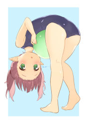 Rule 34 | 1girl, :o, ass, ball, bare arms, bare legs, bare shoulders, barefoot, beachball, bent over, black one-piece swimsuit, blue background, blush, brown hair, collarbone, copyright request, forehead, full body, green eyes, holding, holding ball, jigatei (omijin), looking at viewer, looking back, old school swimsuit, one-piece swimsuit, parted lips, ponytail, school swimsuit, soles, solo, standing, swimsuit, translation request, twintails, two-tone background, white background
