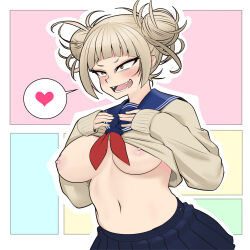 Rule 34 | 1girl, asha, bags under eyes, black skirt, blonde hair, blue sailor collar, blunt bangs, blush, boku no hero academia, breasts, brown cardigan, cardigan, clothes lift, commentary request, cowboy shot, double bun, fangs, hair bun, heart, highres, lifted by self, medium breasts, messy hair, navel, neckerchief, nipples, no bra, open mouth, pleated skirt, red neckerchief, sailor collar, sanpaku, school uniform, serafuku, shirt lift, short bangs, short hair, skirt, smile, solo, spoken heart, toga himiko, yellow eyes