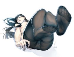 Rule 34 | 1girl, black hair, blue eyes, blurry, blush, breasts, dated, earrings, feet, fingernails, highres, jewelry, kyo (kuroichigo), long hair, nipples, original, panties, pantyhose, parted lips, red lips, see-through, signature, simple background, single earring, solo, underwear, undressing, white background, white panties