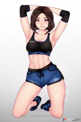 Rule 34 | 1girl, armpits, arms behind head, blue eyes, bluefield, cameltoe, cleft of venus, elbow pads, female focus, freckles, gym shorts, highres, kneeling, legs apart, looking at viewer, midriff, mole, mole under eye, navel, parted bangs, samsung, samsung sam, seductive smile, shoes, short hair, short shorts, shorts, smile, sneakers, solo, sports bra, sweat, sweatdrop, thighs, wet