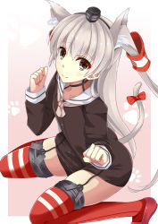 Rule 34 | 10s, 1girl, amatsukaze (kancolle), animal ears, bad id, bad pixiv id, brown eyes, cat ears, cat tail, clenched hands, dress, hair tubes, kantai collection, long hair, long sleeves, paw print, red footwear, red thighhighs, sailor collar, sailor dress, shoes, silver hair, smile, solo, tail, thighhighs, two side up, youkan (mattya youkan)