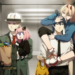 Rule 34 | 2boys, 2girls, ahoge, anya (spy x family), bag, biting, black hair, black necktie, blonde hair, carrying, carrying person, chainsaw man, child, collared shirt, cosiecottage, crossover, elevator, father and daughter, hat, hayakawa aki, highres, holding, holding bag, horns, jacket, leg lock, long hair, looking at another, multiple boys, multiple girls, necktie, pink hair, power (chainsaw man), red necktie, season connection, shaded face, shirt, short hair, sleeves rolled up, spy x family, surprised, twilight (spy x family), watermark