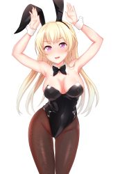 Rule 34 | 1girl, animal ears, baek hyang&#039;geum, bang dream!, black bow, black bowtie, black leotard, black pantyhose, blonde hair, bow, bowtie, breasts, cleavage, commentary request, detached collar, half updo, highres, korean commentary, large breasts, leotard, long hair, looking at viewer, pantyhose, playboy bunny, purple eyes, rabbit ears, rabbit pose, shirasagi chisato, simple background, solo, standing, white background, wrist cuffs