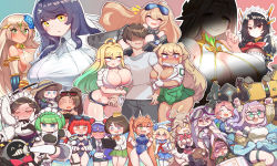 Rule 34 | 1boy, 6+girls, @ @, absolutely everyone, absurdres, acrobatic sunny, angry, between breasts, black hair, blonde hair, blue eyes, blush, bouncing breasts, breast envy, breast press, breasts, bursting breasts, cerestia of life, character request, cleavage, closed eyes, dark-skinned female, dark elf, dark elven forest ranger, dark skin, dot nose, elf, elven forest maker, embarrassed, everyone, faceless, faceless male, girl sandwich, glasses, glasses on head, green eyes, green hair, green skirt, grin, gun, hair between eyes, happy, hat, highres, hoyo, huge breasts, kicking, large breasts, last origin, long hair, looking at viewer, maid, matching hair/eyes, miniskirt, multicolored hair, multiple girls, naughty face, necktie, one-piece swimsuit, one eye closed, open mouth, pants, pink hair, pointy ears, ponytail, purple eyes, red eyes, red necktie, robot, sandwiched, school uniform, short hair, short shorts, shorts, sideboob, sidelocks, silver hair, skirt, smile, swimsuit, tablet, taut clothes, teeth, thick thighs, thighhighs, thighs, twintails, two-tone hair, underboob, weapon, white background, wink, yellow eyes
