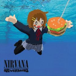 Rule 34 | :o, aiu404l, album cover, black pantyhose, blush, brown hair, burger, collar, cover, fishing line, food, hair ornament, hairclip, hirasawa yui, k-on!, lowres, necktie, nevermind, nirvana (band), pantyhose, parody, skirt, solo, swimming, tagme, underwater