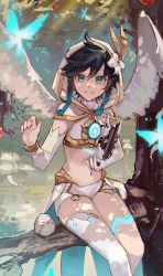 Rule 34 | 1boy, absurdres, angel wings, bird, blue eyes, blue hair, braid, branch, commentary, crystalfly (genshin impact), detached sleeves, dokex xx, feathered wings, flower, genshin impact, gold bracelet, gold trim, grass, highres, hood, in tree, leaf, lily (flower), looking at viewer, lyre, male focus, multicolored hair, navel, short shorts, shorts, sitting, sitting in tree, smile, stomach, trap, tree, twin braids, two-tone hair, upper body, venti (archon) (genshin impact), venti (genshin impact), vision (genshin impact), white shorts, wings