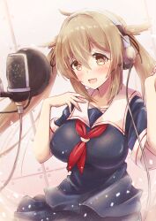 Rule 34 | 1girl, :d, absurdres, black serafuku, black skirt, breasts, brown eyes, hair between eyes, headphones, highres, kantai collection, large breasts, light brown hair, long hair, looking at viewer, microphone, murasame (kancolle), neckerchief, open mouth, pleated skirt, red neckerchief, school uniform, serafuku, skirt, smile, solo, twintails, upper body, yomitsuna