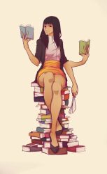 Rule 34 | 1girl, black jacket, blunt bangs, book, ciqq, commentary, crossed legs, english commentary, extra arms, full body, hana hana no mi, holding, holding book, holding paper, jacket, looking at viewer, medium hair, nico robin, one piece, orange skirt, paper, pile of books, shirt, shirt tucked in, simple background, sitting, sitting on books, skirt, smile, solo, white shirt