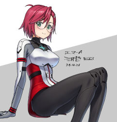 1girl alice_gear_aegis black_pantyhose bodysuit breasts emma_ashfield glasses green_eyes hair_ornament hairclip highres looking_at_viewer medium_breasts pantyhose red_hair round_eyewear short_hair sitting smile solo takada_kazuhiro