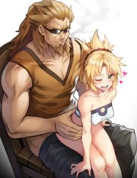 Rule 34 | 1boy, 1girl, ;d, bad id, bad pixiv id, bare arms, bare shoulders, blonde hair, blue eyes, blush, breasts, chair, cigarette, cleavage, collarbone, covered erect nipples, fate/apocrypha, fate (series), green eyes, heart, hetero, implied sex, jagaimo (kkamja), long hair, mordred (fate), mordred (fate/apocrypha), mordred (memories at trifas) (fate), one eye closed, open mouth, ponytail, reverse upright straddle, sex, sex from behind, shishigou kairi, simple background, sitting, sitting on person, small breasts, smile, strapless, sunglasses, teeth, white background
