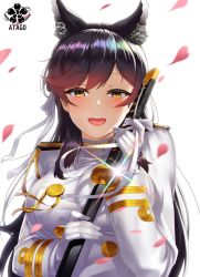 Rule 34 | 1girl, :d, animal ears, atago (azur lane), azur lane, black hair, blush, breasts, brown eyes, character name, commentary request, extra ears, glint, gloves, hair ribbon, highres, holding, holding sword, holding weapon, jacket, kagiyama (clave), katana, large breasts, long hair, long sleeves, looking at viewer, mole, mole under eye, open mouth, petals, revision, ribbon, smile, solo, swept bangs, sword, uniform, weapon, white gloves, white jacket, white ribbon, wind