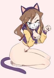 Rule 34 | 1girl, a hat in time, animal ears, bare legs, barefoot, blue eyes, bottomless, brown hair, cat ears, cat tail, covered mouth, fake animal ears, fake tail, full body, hat kid, highres, jacket, legs, long hair, long sleeves, aged up, one eye closed, paw pose, pink background, ponytail, seiza, sidelocks, simple background, sitting, soles, solo, spicy bardo, tail, wink