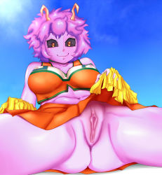 Rule 34 | 10s, 1girl, ashido mina, bare arms, bare shoulders, black sclera, boku no hero academia, breasts, censored, cleavage, colored sclera, colored skin, curvy, highres, hip focus, horns, medium breasts, pink hair, pink skin, pussy, short hair, smile, solo, thighs, uirou-zazami, yellow eyes