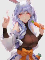 Rule 34 | 1girl, animal ear fluff, animal ears, black bodysuit, blue hair, blush, bodysuit, bow, breasts, carrot, carrot in pocket, detached sleeves, food, hair bow, heart, highres, holding, holding carrot, holding food, holding vegetable, hololive, large breasts, long hair, looking at viewer, mature female, multicolored hair, omoti (1201208), open mouth, pekomama, rabbit-shaped pupils, rabbit ears, rabbit girl, red eyes, short eyebrows, streaked hair, symbol-shaped pupils, vegetable, virtual youtuber, white background, white bow, white hair, white sleeves