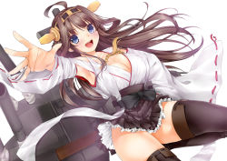 Rule 34 | 10s, 1girl, :d, ahoge, bare shoulders, blush, boots, breasts, brown hair, cleavage, detached sleeves, double bun, hairband, headgear, japanese clothes, kantai collection, kongou (kancolle), large breasts, long hair, looking at viewer, nontraditional miko, obiwan, open mouth, outstretched hand, ribbon-trimmed sleeves, ribbon trim, simple background, smile, solo, thigh boots, thighhighs, thighs, white background