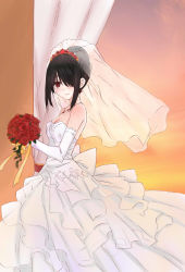 Rule 34 | 10s, 1girl, bad id, bad pixiv id, black hair, blush, bouquet, breasts, bridal veil, cleavage, curtains, date a live, dress, elbow gloves, flower, gloves, hair over one eye, highres, jewelry, necklace, red eyes, red flower, red rose, rose, ruin (mo51397), short hair, sleeveless, smile, solo, tokisaki kurumi, veil, wedding dress, white dress