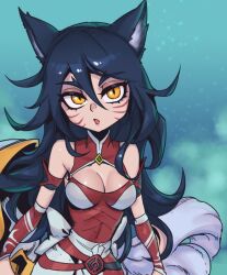 Rule 34 | 1girl, :o, ahri (league of legends), animal ears, bare shoulders, belt, black belt, bow, bowtie, breasts, cleavage, detached sleeves, facial mark, fox ears, fox girl, fox tail, hair between eyes, large breasts, league of legends, long hair, multicolored background, multicolored belt, multiple tails, orange eyes, phantom ix row, red belt, shiny skin, slit pupils, solo, tail, upper body, whisker markings, white bow, white bowtie