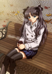 Rule 34 | 1girl, absurdres, autumn, autumn leaves, bench, black thighhighs, boots, bow, breath, coat, coffee, fate/stay night, fate (series), green eyes, hair bow, highres, leaf, long hair, long legs, looking at viewer, open mouth, pleated skirt, sitting, skirt, solo, thighhighs, tohsaka rin, twintails, two side up, zettai ryouiki
