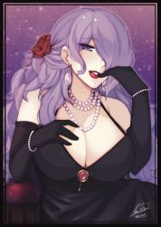 Rule 34 | black dress, breasts, camilla (fire emblem), cleavage, dress, fire emblem, fire emblem fates, flower, hair over eyes, highres, hinahaii, jewelry, large breasts, lipstick, long hair, makeup, nintendo, purple hair, red flower, red lips, red rose, rose, signature