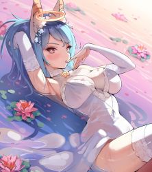 Rule 34 | ahoge, animal ear fluff, animal ears, arm up, armpits, bare shoulders, beyumi, blue hair, blush, breasts, breasts apart, bridal gauntlets, bright pupils, cleavage, commission, dress, expressionless, feet out of frame, flower, flower hair ornament, from side, hair ornament, halo, hand in own hair, hand to own mouth, hand up, highres, jewelry, lace, lace-trimmed dress, lace trim, large breasts, leg up, looking at viewer, lotus, lying, nail polish, narrow waist, necklace, on back, open mouth, partially submerged, ponytail, see-through, sleeveless, sleeveless dress, star (symbol), star necklace, swept bangs, thighhighs, thighs, water, wet, white dress, white pupils, white thighhighs