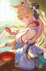Rule 34 | 1girl, absurdres, animal ears, arm support, bare back, bare shoulders, blonde hair, blurry, blush, bow, braid, breasts, choker, commentary request, depth of field, erune, from behind, gore (white gore), granblue fantasy, hair bow, highres, japanese clothes, large breasts, long hair, looking at viewer, low ponytail, on bench, ponytail, red eyes, sideboob, sitting, smile, solo, sunlight, tree, very long hair, water, wide sleeves, yuisis (granblue fantasy)