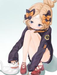 Rule 34 | 1girl, abigail williams (fate), abigail williams (traveling outfit) (fate), bandaid, bandaid on face, bandaid on forehead, belt, black bow, black jacket, blonde hair, blue eyes, blush, bow, breasts, cat, crossed bandaids, fate/grand order, fate (series), forehead, hair bow, hair bun, headpat, heroic spirit traveling outfit, jacket, legs, long hair, long sleeves, multiple bows, official alternate costume, open mouth, orange belt, orange bow, parted bangs, polka dot, polka dot bow, sakazakinchan, single hair bun, sleeves past fingers, sleeves past wrists, smile, squatting