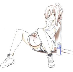 Rule 34 | 1girl, :o, ball, basketball, basketball (object), black shorts, breasts, brown eyes, brown hair, full body, gym shirt, hair between eyes, high ponytail, holding, holding ball, holding towel, kantai collection, knees up, long hair, looking at viewer, panties, parted lips, ponytail, shirt, shoes, short shorts, short sleeves, shorts, sitting, small breasts, solo, sweat, towel, underwear, upshorts, white background, white footwear, white panties, white shirt, zarashi, zuihou (kancolle)