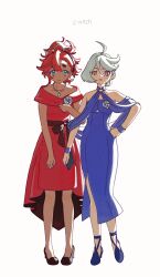 Rule 34 | 2girls, absurdres, ahoge, aqua eyes, asymmetrical hair, bare shoulders, black footwear, black hairband, blue dress, blue footwear, brooch, dress, flat chest, full body, grey eyes, grey hair, gundam, gundam suisei no majo, hair between eyes, hairband, hand on own hip, highres, itousatousan, jewelry, looking at viewer, miorine rembran, multiple girls, necklace, parted lips, ponytail, red dress, red hair, single sidelock, strappy heels, suletta mercury, thick eyebrows, tiara, white background