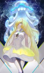 Rule 34 | 1girl, artist name, blonde hair, covered navel, creatures (company), dress, game freak, gen 7 pokemon, green eyes, hair over one eye, highres, long hair, looking at viewer, lusamine (pokemon), mature female, nihilego, nintendo, parted lips, pokemon, pokemon (creature), pokemon sm, standing, ta-to (sprout), ultra beast, very long hair, white dress, white legwear