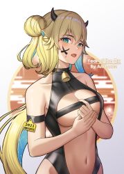 Rule 34 | 1girl, 2021, andonoz, animal ears, animal print, artist name, bell, black leotard, blonde hair, breasts, center opening, cleavage, colored inner hair, cow ears, cow horns, english text, facepaint, green eyes, hair bun, highres, horns, leotard, long hair, looking at viewer, multicolored hair, navel, open mouth, original, single hair bun, sleeveless, solo, two-tone hair