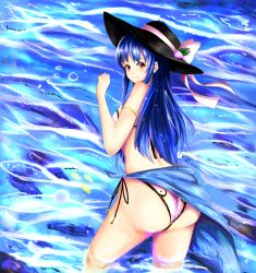 Rule 34 | 1girl, armlet, ass, bare shoulders, bikini, blue hair, blush, breasts, embarrassed, from behind, hat, highres, hinanawi tenshi, kuwahara taiki, large breasts, long hair, looking at viewer, panties, red eyes, sarong, shiny clothes, shiny skin, sideboob, solo, swimsuit, touhou, underwear, water, wet, wet clothes