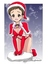 Rule 34 | 1girl, all fours, alternate costume, bell, bikini, blush, boots, border, breasts, brown eyes, brown hair, capelet, christmas, commentary, elbow gloves, fur-trimmed capelet, fur trim, girls und panzer, gloves, hat, holly, kojima emi, looking at viewer, medium breasts, neck bell, open mouth, outside border, red bikini, red capelet, red footwear, red gloves, red hat, sack, santa bikini, santa boots, santa gloves, santa hat, short hair, side-tie bikini bottom, smile, snowflake background, solo, swimsuit, takahashi kurage, very short hair, white border
