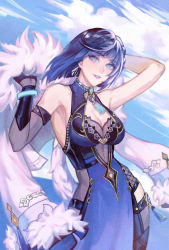Rule 34 | 1girl, arm behind head, arm up, armpits, bare shoulders, blue dress, blue eyes, blue hair, breasts, center opening, cleavage, cloud, commentary request, cowboy shot, detached sleeves, dice, do myzu, dress, fishnets, fur trim, genshin impact, gold trim, highres, jewelry, looking at viewer, medium breasts, medium hair, mole, mole on breast, necklace, open mouth, outdoors, parted lips, presenting armpit, single bare arm, single detached sleeve, sky, solo, tassel, yelan (genshin impact)