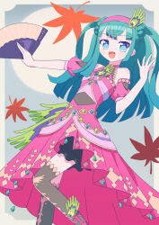 Rule 34 | 1girl, :d, autumn leaves, bare shoulders, blue eyes, blunt bangs, blunt ends, brown thighhighs, commentary request, detached sleeves, dress, feathers, feet out of frame, green hair, hairband, hand fan, hands up, holding, holding fan, idol clothes, ku (residual666), long hair, looking at viewer, open mouth, pink dress, pink hairband, pretty series, pripara, smile, solo, standing, thighhighs, tsukikawa chili, two side up