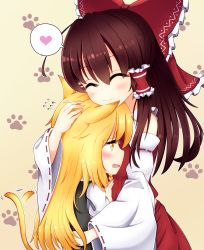 Rule 34 | 2girls, animal ears, bare shoulders, blonde hair, blush, bow, brown hair, cat ears, cat tail, commentary request, detached sleeves, closed eyes, frills, hair bow, hair tubes, hakurei reimu, heart, highres, hug, kirisame marisa, long hair, multiple girls, open mouth, rankasei, red bow, smile, spoken heart, tail, tail wagging, touhou, wide sleeves, yellow eyes