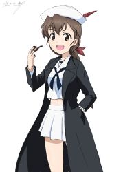 Rule 34 | 10s, 1girl, alternate costume, artist name, black neckerchief, blouse, bukkuri, cosplay, cowboy shot, dated, dixie cup hat, girls und panzer, hair ornament, hair ribbon, hairclip, hand in pocket, hat, hat feather, holding, holding smoking pipe, long hair, long sleeves, looking at viewer, midriff, military hat, miniskirt, navel, neckerchief, ogin (girls und panzer), ogin (girls und panzer) (cosplay), ooarai naval school uniform, open mouth, pleated skirt, red ribbon, ribbon, rukuriri (girls und panzer), sailor, sailor collar, school uniform, shirt, signature, simple background, skirt, smile, smoking pipe, solo, standing, white background, white hat, white shirt, white skirt