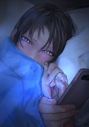 Rule 34 | 1girl, blush, brown eyes, brown hair, cellphone, covered mouth, fingernails, holding hands, highres, holding, holding phone, kilye kairi, looking at viewer, lying, on side, original, phone, pillow, pov, pov hands, smartphone, smile, solo focus, under covers