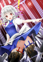 Rule 34 | !, 1girl, :o, ^^^, bad id, bad pixiv id, black thighhighs, blue skirt, blush, clothes lift, column, dutch angle, female focus, from below, groin, highres, holster, inu3, izayoi sakuya, knife, maid, maid headdress, miniskirt, no panties, open mouth, pillar, pleated skirt, pussy, red eyes, silver hair, skirt, skirt lift, solo, thigh holster, thighhighs, touhou, wrist cuffs