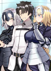 Rule 34 | 1boy, 2girls, absurdres, armor, armored dress, black armor, black hair, blonde hair, blue eyes, blush, braid, breasts, chain, closed mouth, commentary request, closed eyes, fate/grand order, fate (series), fujimaru ritsuka (male), girl sandwich, headpiece, highres, holding another&#039;s arm, holding hands, jeanne d&#039;arc (fate), jeanne d&#039;arc (ruler) (fate), jeanne d&#039;arc alter (avenger) (fate), jeanne d&#039;arc alter (fate), large breasts, light smile, long hair, multiple girls, ninoude (ninoude44), sandwiched, short hair, silver hair, single braid, smile, very long hair, yellow eyes