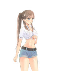 Rule 34 | 1girl, belt, blue eyes, bluefield, blush, brown hair, cowboy shot, crop top, front-tie top, long hair, looking away, midriff, navel, original, ponytail, short shorts, short sleeves, shorts, simple background, smile, solo, white background