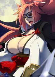 Rule 34 | 1girl, baiken, black jacket, bow, breasts, commentary request, eyepatch, full moon, guilty gear, guilty gear strive, hair bow, high collar, highres, holding, holding sword, holding weapon, huge breasts, jacket, jacket on shoulders, japanese clothes, kataginu, katana, kimono, long hair, mattari yufi, moon, night, night sky, open clothes, open kimono, open mouth, pink hair, pointing weapon, red eyes, scar, scar across eye, sky, solo, sword, twitter username, weapon, white kimono
