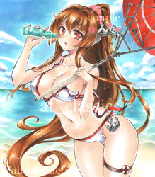 Rule 34 | 10s, 1girl, anchor, artist name, at classics, bare arms, beach, bikini, blue sky, blush, breasts, brown eyes, brown hair, cleavage, cloud, covered erect nipples, cowboy shot, day, female focus, flower, hair between eyes, hair flower, hair ornament, holding, kantai collection, large breasts, long hair, looking at viewer, matching hair/eyes, navel, ocean, off shoulder, oil-paper umbrella, outdoors, ponytail, ramune, sample watermark, sidelocks, skindentation, sky, solo, stomach, swimsuit, traditional media, umbrella, very long hair, water, watermark, yamato (kancolle)